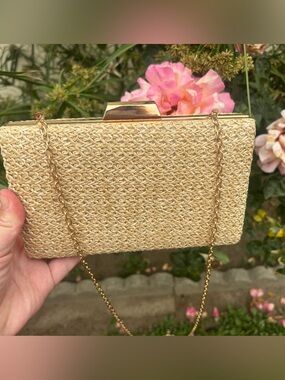 Woven Straw Chain Clutch in Natural